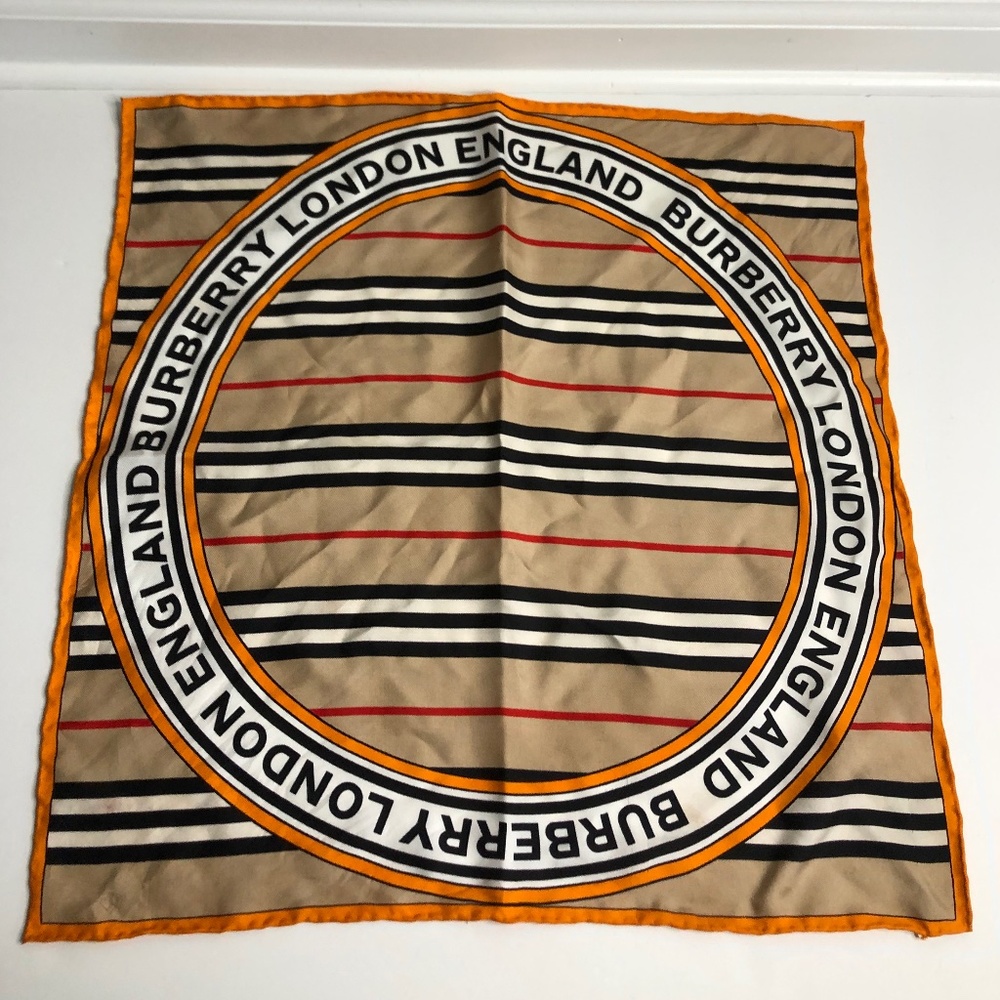 Burberry London Tan Black Orange White Square Scarf 45 x 45cm 100% Silk Italy